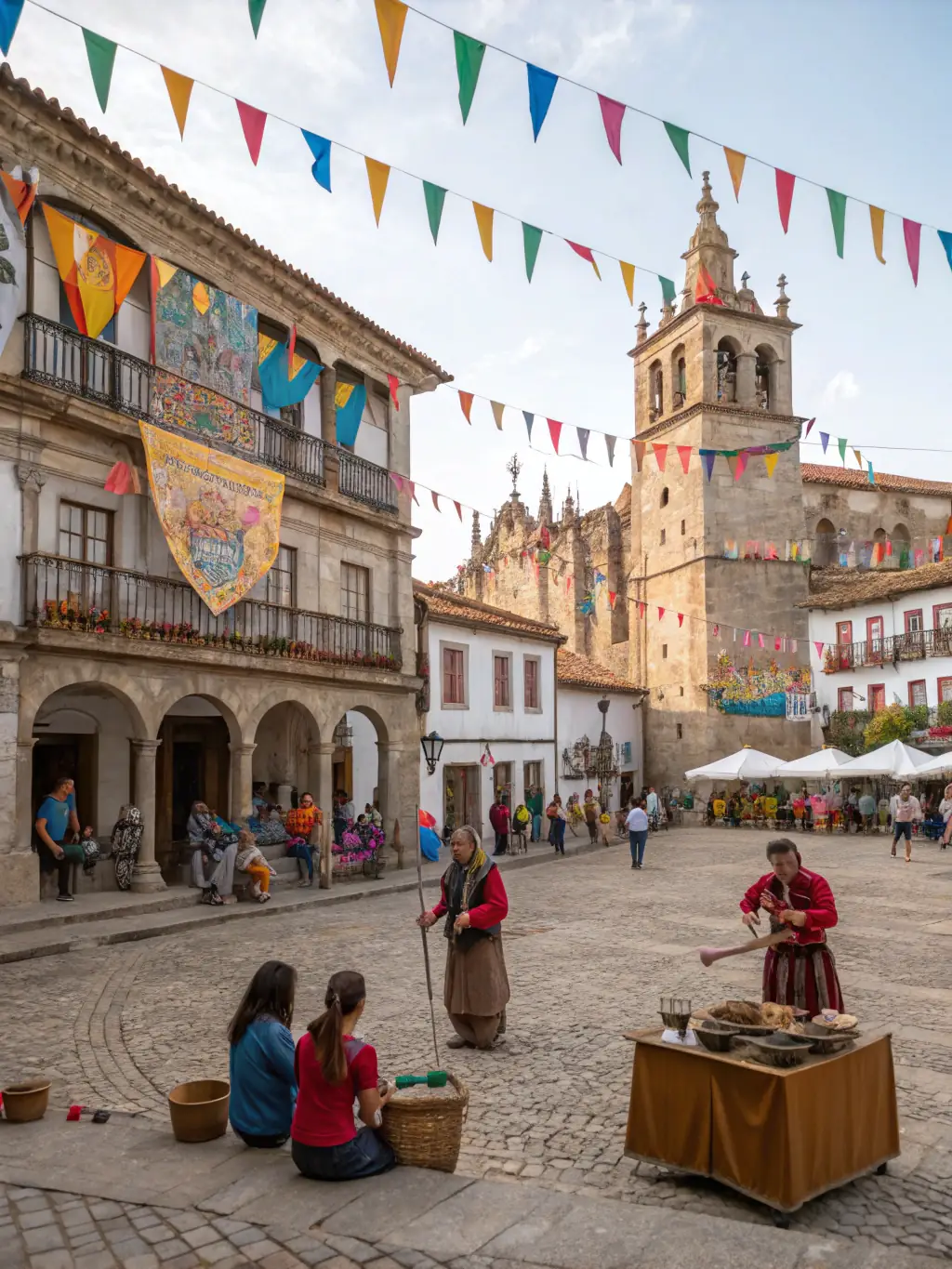 A vibrant outdoor scene during the Cultural Heritage Festival, with local performers in traditional attire, colorful banners, and families enjoying exhibitions and workshops in the courtyard of Saint-Vorles.