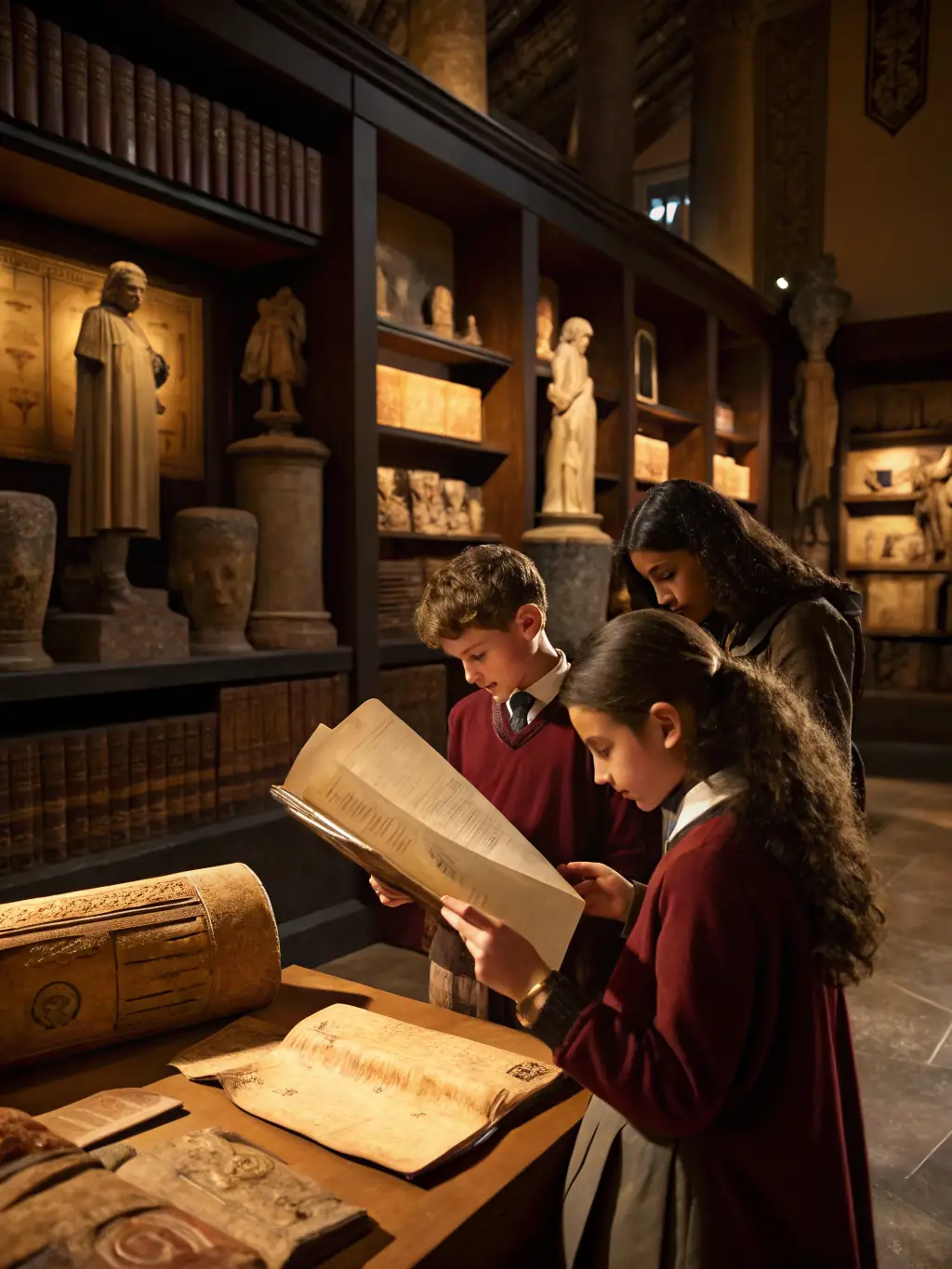 A classroom setting where children and a heritage educator examine old maps and artifacts, with educational posters about local history displayed on the walls.