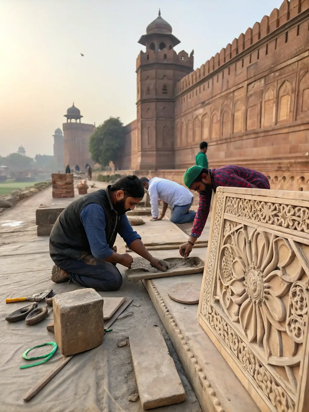 A group of skilled artisans and conservation experts carefully restoring the intricate stonework of the Saint-Vorles Chapel, with scaffolding and preservation tools in use, set against the backdrop of the historic site.